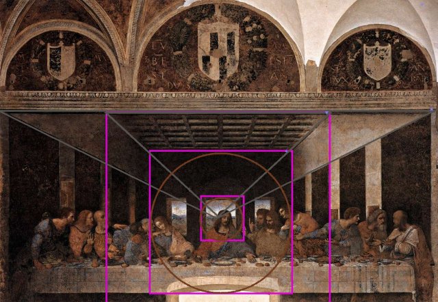 La fameuse Cène de Milan, où Vinci assigne clairement lavaleur symbolique évanescente et centrale du point de fuite à la figure de double nature de jésus. Céleste et terrestre, humain et divin, mortel et éternel etc..