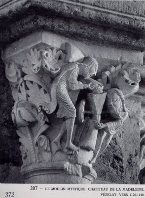 Le fameux passage par la meule du grain indigeste à la farine fluide...la roue en croix auréolée ( cercle et orthogonalité réunis) etc..La figure christique comme celle du Passeur