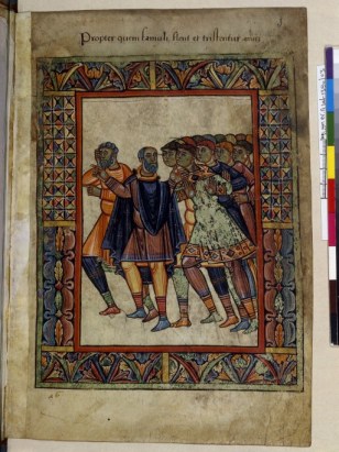 11ème siècle, histoire de St Aubin, Angers. le cadre est ici marqué et isole clairement l'image afin de l'instituer comme sacrée et pleine de sens divin. Il s'agit d'une "vie de saints".