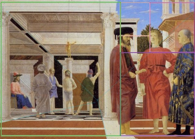 Piero, , la flagellation. Inversion subtbile de la hiérarchie ; le plus proche de l'origine devient le plus petit par l'apparence, mais le plus proche de l'essence. Il est aussi plus petit, au moment de son humiliation. Notons la structure claire empruntée au rectangle d'or de Fibonacci.