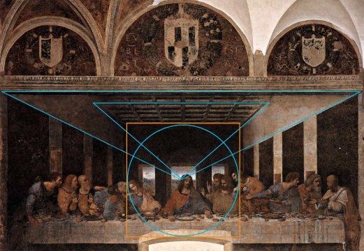Vinci, la Cène. Une radicalité correspondant bien à la clarté de Léonard de Vinci quand au rapport aux mathématiques. L'équation Jésus/point de Fuite est affirmée. La quadrature aussi bien entendu. Que l'on retrouve avec l'homme de Vitruve.
