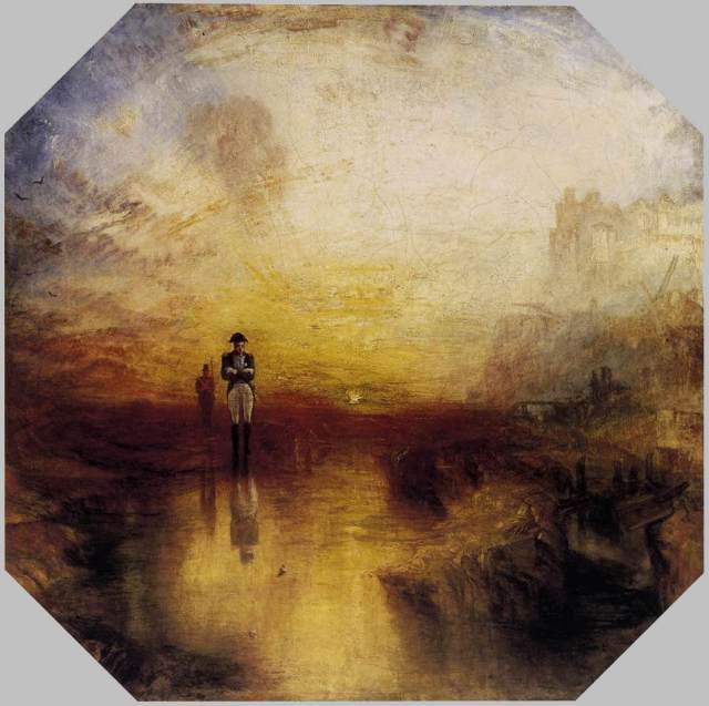 Turner, 1845, la figure de Napoléon, comme archétype du destin romantique...Ici, la peinture se lâche,se libère, devient accident, tache, trace, geste....Napoléon ou les trains à vapeur..Pour Turner, tout ce qui brasse,bouillonne et transforme est signe de vie, jusqu'à l'épuisement, jusqu'à la fusion dans le grand" tout"..