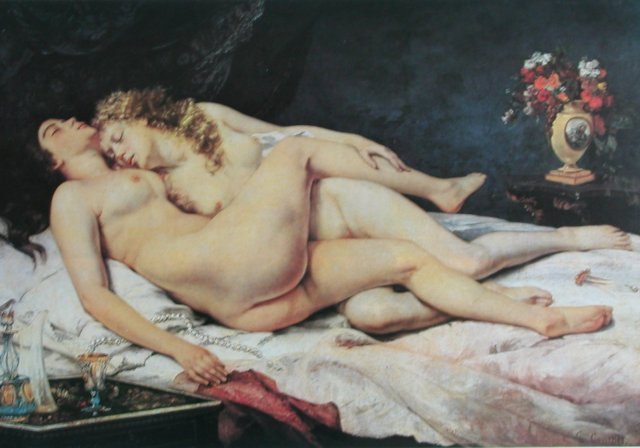 Courbet, femmes endormies;on comprend pourquoi Courbet est indigeste pour les artistes académiques et les religieux ; des femmes aux corps vrais et pesants, à la diffréence des mannequins de "beurre blenc" comme s'en moquait Baudelaire, se laissant aller à un sommeil sensuel , loin de toute idée de procréation .