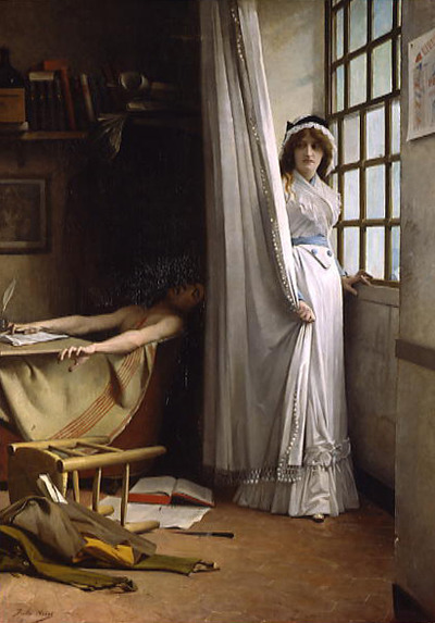 La figure de Charlotte Corday est récurrente dans la peinture académique ; l'ennemi commun trouvé, est bien sûr Jean Paul Marat, ferment révolutionnaire radical. Ici, après Baudry, aviat nous présente la nouvelle Jeanne d'Arc, mais ici l'ennemi n'est pas l'étranger, il est intérieur.