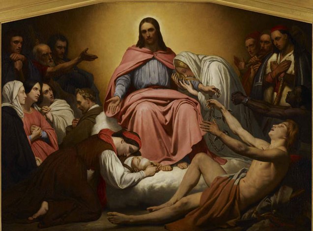 Scheffer, parfois considéré comme romantique...estl'un des piliers de la dégénérescence de l'art religieux, vers l'imagerie mièvre et affectée ;la religion s'écarte des questionnements métaphysique, pour devenir une coutume et une posture affectée ; la figure récurrente est celle de visages douceureux. Cette fadeur se retrouve dans les modelés, ombres et lumières comme dans l'absence déléibéréed'épaisseur ; ilne faur rien laisser dépasser ; cette apparente douceur cache un contrôle strict.Au moment même où le patriarcat le plus résctionnaire s'impose parla force, levisage du Jésus apparaît comme une façade édulcorée de la virilité caricaturale et pileuse.