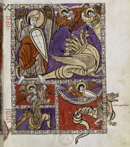 12e. S;Version nordique du beatus, moins colorée, mais de composition libre, la transposition littérale des visions étant impossible. Savants découpages et cadrages, débordements.