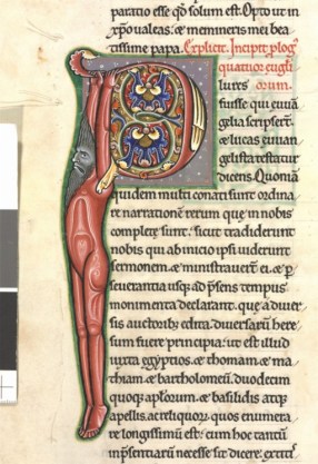 Une des nombreuses lettre "P" transformée en combinant la contrainte formelle et l'imaginaire ouvert. Cette logique médiévaleest significative de cet art combinant sans cesse l'ordre et le désordre, la structure et le mouvement.