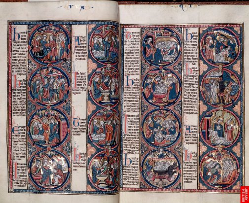 13ème, Cette grande Bible illustrée , manuscrit dit de "lutrin", synthétise clairement tous les aspects de l'enluminure, entrelacs, figures et calligraphie. Un registre iconographique chrétien commence à s'inventer dans cesbibles illustrées.