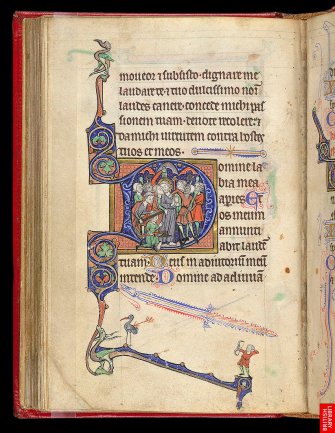 Livre d'heures du 13ème,avec la trahison de Judas inscrite dans la lettre. On remarque d'extraordinaires et libres digressions graphiques.