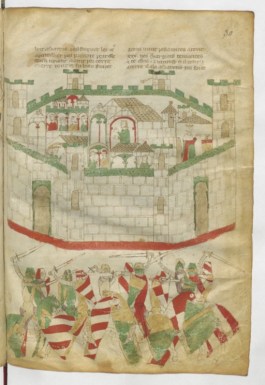 Chronique d'histoire ancienne :ici unescène de l' Illiade....lesanachronismes de costumes et etenues sont normaux, car c'est le début de "l'histoire"; la vie de César et le "Roman d'Alexandre", sont diffusés avec le même regard que les légendes arthuriennes.