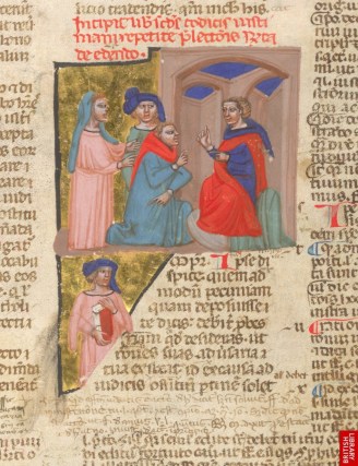 Bible de Justinien, 13ème, italie. On note clairement la tendanc eaux couleurs plutôt qu'au trait. Marque italienne.