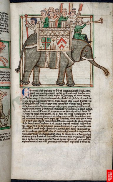 13e. L'intégration de scènes issues du roman d'Alexandre, par exemple les fascinants animaux que sont les éléphants, constitue l'un des grands succès de bibliothèques. Toutes les références, aussi diverse, sont incluses dans une somme thélogique.