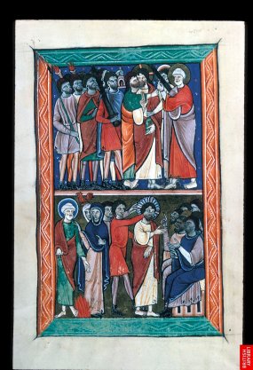 Beau psautier du 13ème, sur lequel on voit se constituer l'iconographie classique des scènes du nouveau testament; ici, la trahison de Judas.