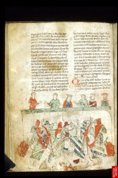 le roman de Tristan en prose est l'un des exemples de christianisation de contes et mythes progressivement intégrés à un patrimoine cohérent. Ici, un exemplaire du 13e.