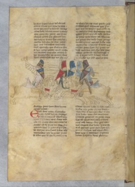 Histoire du Saint Graal , Lancelot secourant Guenièvre ; manuscrit italien du 13ème. Plus graphique ; de l'aisance dans les anatomies et mouvements.