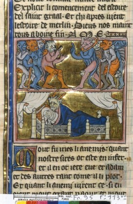 Les romans Arthuriens se répandent au13ème siècle, ici le diable trompant la femme d'Uter .Les romans sont par essence des manuscrits de "main".