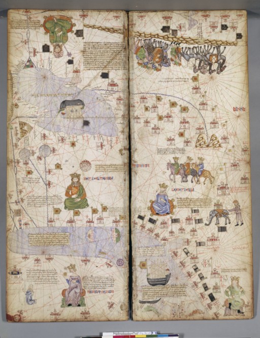 le merveilleux Atlas Catalan, du 14e.S.représentation ouvertedes directions possibles sur terre et mer ; synthèse de voyages et légendes.