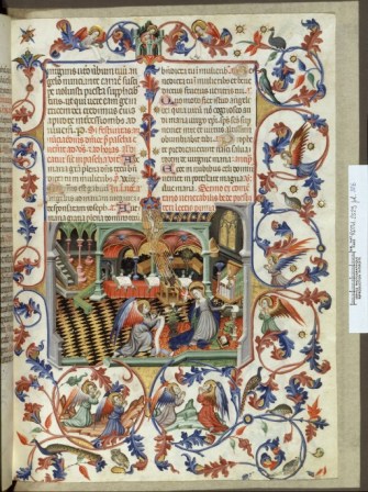 Bréviaire catalan de Martin, 14e. Annonciation très complexe et cadres prodigieusement denses ; ici, comme dans le bréviaire anglais, rencontre de traditions nordique set méridionales. 