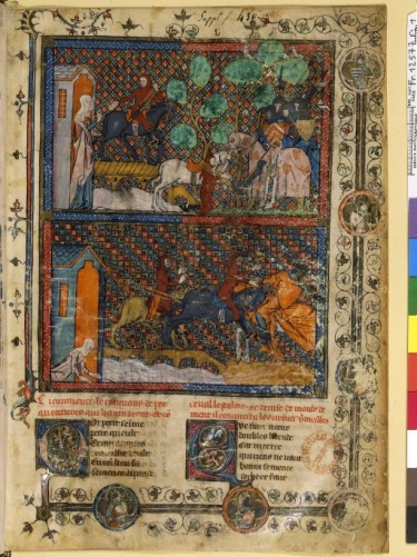 au 14e siècle encore, Le succès des romans arthuriens de Chrétien de Troye est énorme ; ici un Perceval de tradition française.