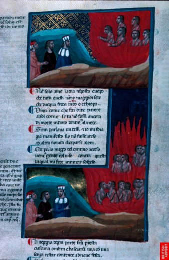 Page complète du manuscrit, Dante et Virgile enenfer. L'intensité des couleurs densifie le texte.