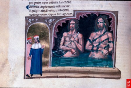 La divine comédie de Dante estévidemment un des textes les plus remarquables et se prèrte, par son côté visionnaire à d’exceptionnelles images.Cette série du14eest puissante par les modelés synthétiques etla représentation confinée des espaces. Le bleu profond renforce lamystique des visions. les personnages sont peu déliés, un peu raides, sidérés.