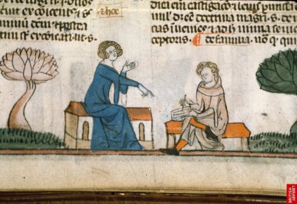 Les dessins au bas destextes pourtant religieux de Raymonde Penafort, 14e, sont d'une grande liberté et témoignent de rapports assez libres ; ici, un homme écrivant sous la dictée d'une femme.