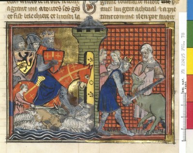 14e ; dans un style proche, la glorification des croisés. ici Godefroy de Bouillon arrivant à Antioche. Se constitueprogressivementune légende européenne et chrétienne de plus en plus cohérente.