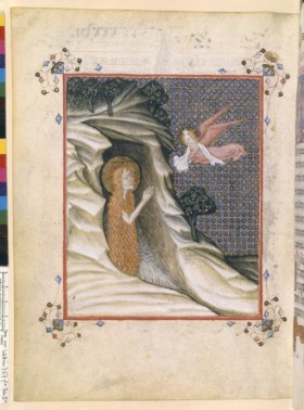 Livre de prière pour les frères mineurs ; illustration italienne de Marie Magdeleine, revêtue de sa seule chevelure.