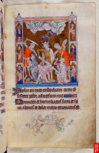 Le très fameux psautier de la reine Marie, 14e. Ici le massagre des innocents.A noter les "grotesques" ; dans ce manuscrits il y a des centaines de figures démoniaques et hybrides en bas de page qui parasitent la sacralisation des illustrations.