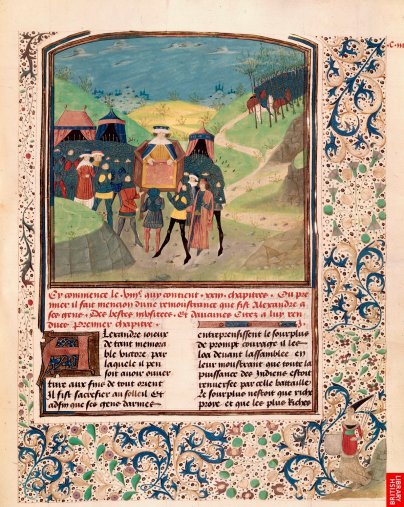 Alexandre, le plus remarquable des "chevaliers" ; le Roman d'alexandre est l'un des récits les plus diffusé. Ce manuscrit italien du 14e est nettement différent des précédents par sa volonté d'inscrire les scènes dans un espace paysager et naturel.