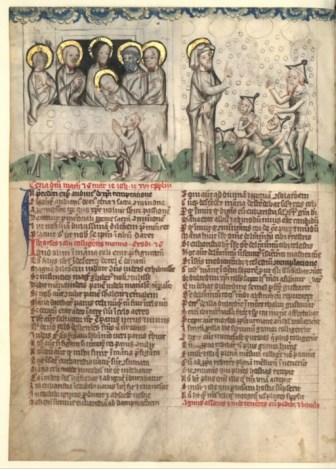 14e.s. Miroir pour la sauvegarde des hommes ; scènes comparéesde la Cène et de la Manne ; métaphore de la nourriture spirituelle et du Père/Dieu protecteur.