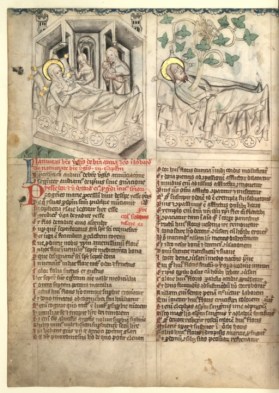 Miroir pour le salut des âmes, 14e. Genre particulier de récits mis enparallèle. Ici, naissance de Marie et généalogie avec l'arbre de Jessé. Très beau travail de modelé en grisaille.