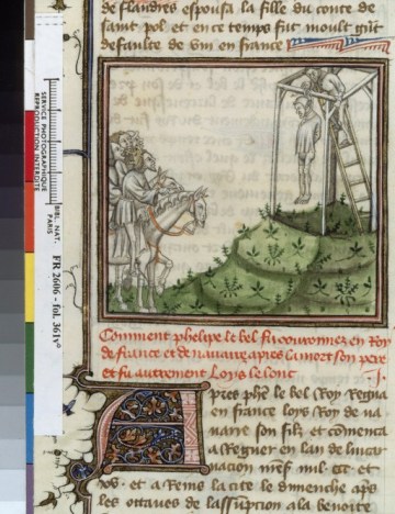 14,grandes chroniques de france, Exécution d'Enguerrand de Marigny( templier). Nous retrouvons une histoire presque récente et le nombvre de manuscrit relatant les excécutionsest important, comme consolidation du pouvoir et manière d'assumer des actes d'autorité.