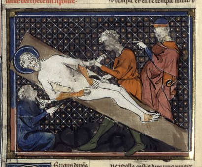 Dans la catégorie des vies de saints du 14e, les martyres comme celui de Barthélémy sont fréquents. La stylisation rend suportable cet écorché vif, tel Marsyas.