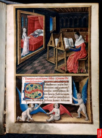 Une autre page du même manuscrit - Malgré les erreurs de perspective, la représentation empirique de l'espace est très efficace. On commence à produire des enluminures se rapprochant des tableaux.