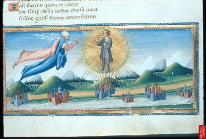 Dans ce manuscrit italien, de la Divine Comédie, on remarque clairement la culture déjà très avancée en italie de la représentation de l'espace, des éléments paysagers et même climatiques ; les couleurs et l'art de l'espace ouvert, repérable chez Fra Angelico par exemple