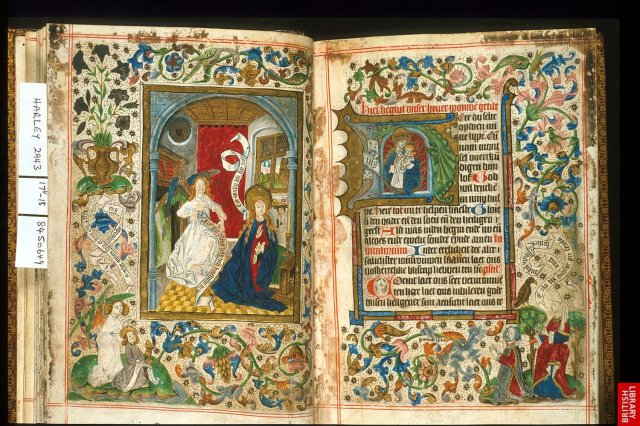 15e. Livre de prière des Pays bas, avec une annonciation en thème principal avec variations et digressions. les oeuvres sacrées convoquent encore les virtuosités et les matériaux les plus précieux. La valeur d'objet sacré est manifeste, pour ces manuscrits .