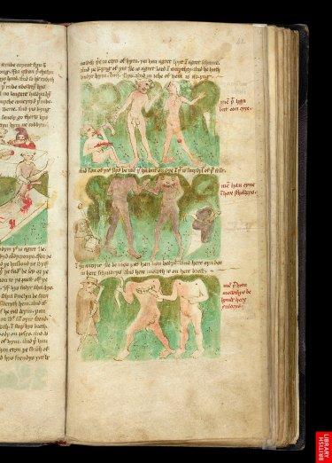 les voyages de John Mandeville ( identité complexe) ; inspirés de Marco Polo et du roman d'Alexandre ; ici des races monstrueuses. Dessins aquarellés, fluides, illustratifs et libres.