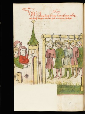 Bible historiée germanique du 15ème. Graphisme et dynamisme des figures.