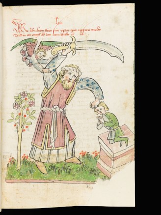 Bible historiée allemande de Diebold Lauber ; 15ème siècle. Style plus direct, graphique, sans digressions. Ici,bien sûr, le sacrifice d' Isaac.