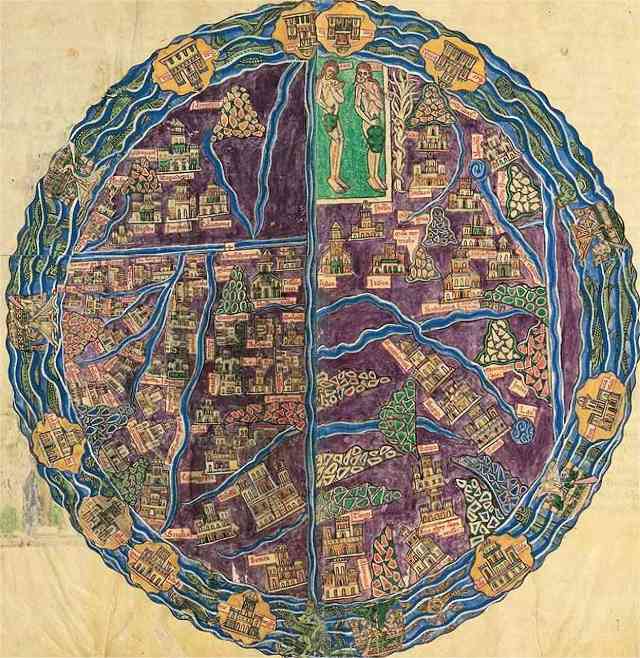 La mappemonde du Beatus de San Andres de Arroyo, unique par sa composition parfaitement circulaire, la où les autres sont en ellipse. Les couleurs naturalistes, sont elles aussi une exception. On repère Adam et Eve dans leur bulle. Noter aussi la double page, qui donne une idée de la dimension de l'oeuvre.