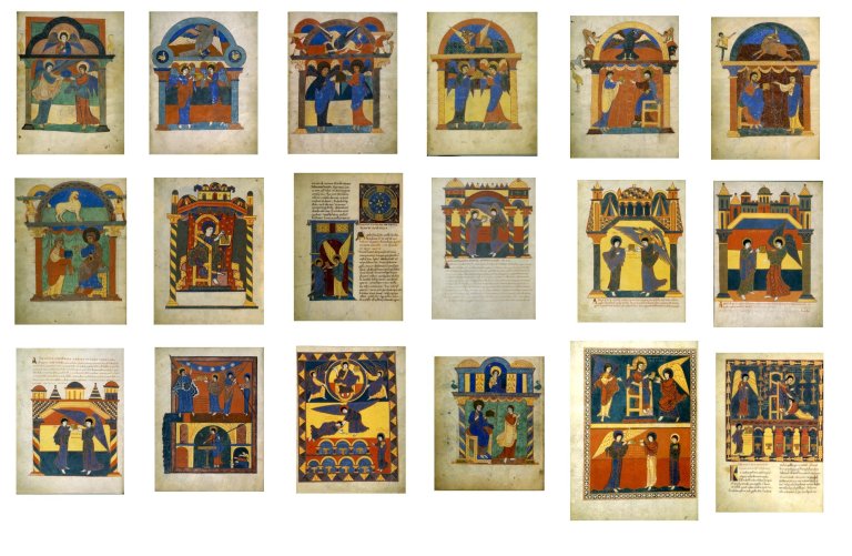 assemblage infographique des pages relatives aux évangiles et transmissions par le livre, dans le Beatus de St Sever ( dans les Landes). Cohérence exceptionelle des styles, combinant les audaces colorées et les inventions de compositions sur le principe de séries et de variations.