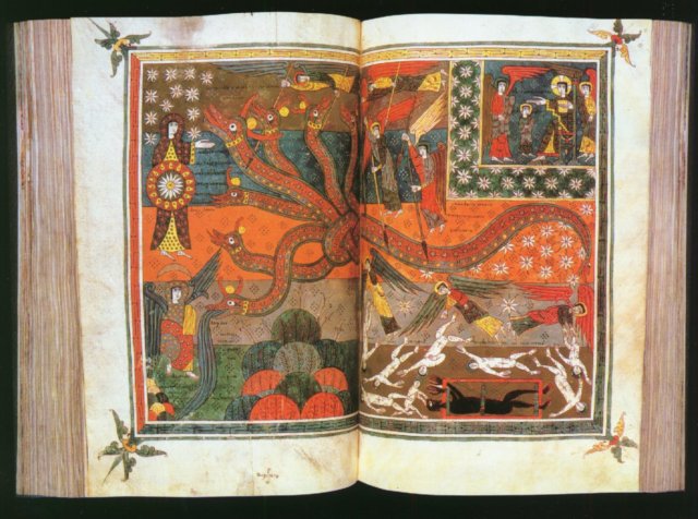 Les combats multiples de l' Apocalypse, sont autant de modèles pour les guerres religieuses qui confrontent les chrétiens aux musulmans aux 8e et 9e siècle notemment, jusque'à Poitiers bien sûr. Ici Le "beato Valcavado" , une double page d'une densité impressionnante.