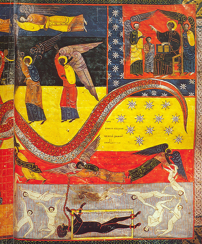 Le Beatus Facundus, sans doute l'un des plus emblématique de cette utilisation exceptionelle de la couleur comme valeur spirituelle et délibérément irrationelle, renforçant clairement la valeur visionnaire du texte. Ici, on devine qu'il s'agit d'une illustration sur double page, aussi la couleur appelle l'étendue, la surface, la grande dimension.