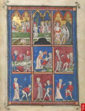 Traité de médecinede Roger Frugard de Parme, 13ème.Les premières vignettes sont tirées des évangiles et enquelque sorte, valident et autorisent lesvignettes suivantes, plus fonctionnelles, codifiant des maladies par des postures. 
