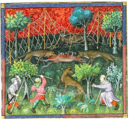 autre version, en couleurs, du traité de chasse de gaston Phebus, ici la chasse au loup. la qualité exceptionelle des illustrations témoigne de l'importance de l'activité ; on atteint pour ce sujet, une densité artistique comparable à celle des bibles et psautiers. La chasse est un privilège aristocratique.