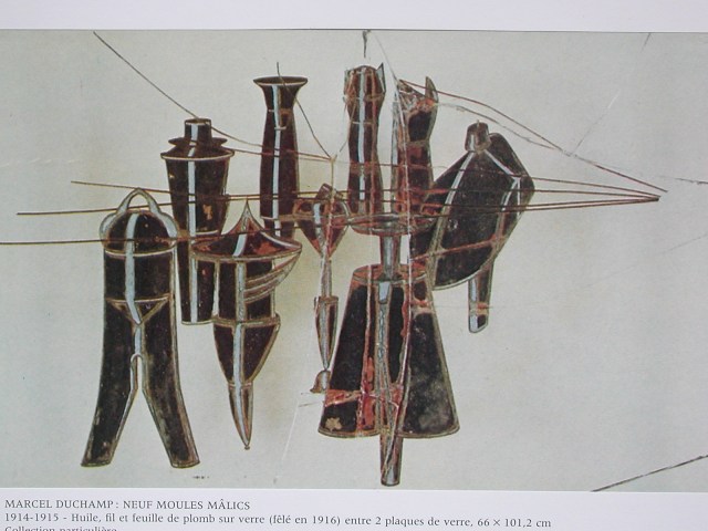 les tiges-tubes qui sortent des carcans-cages, superposés par les brisures des verres...