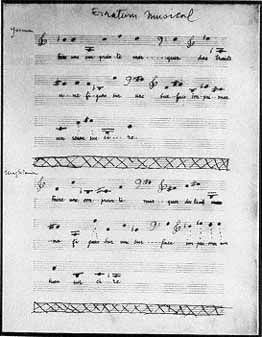 page d'erratum musical ; projet qu'il reprend dans Duchamp du Signe,en matérialisant les sons par la chute de boules/points.