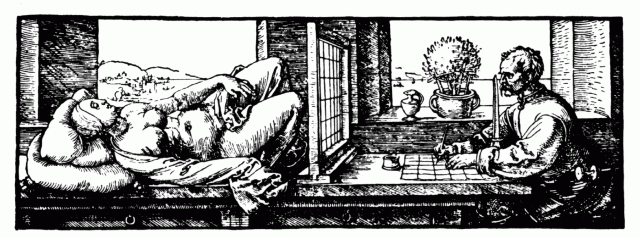 un dispositif perspectif de la Renaissance, remarquable,dans lequel onretrouve l'écrande verre, la mise au carreau, les lignes de fuitesdu témoin oculiste et une "mariée" mise à nu, dévoilée,présentant un sexe/origine/point de fuite....