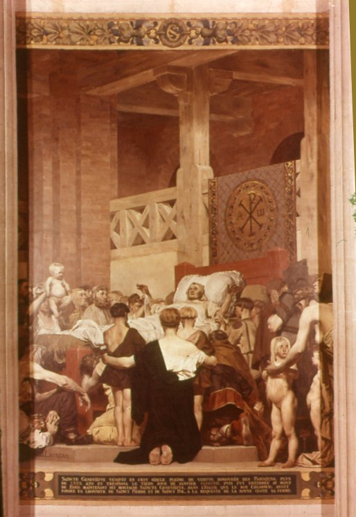 Fresque de laurens, au Panthéon. Autre illustre femme présente - sur les murs- au Panthéon, la sainte Ggeneviève, légitime d'une certaine manière, sur sa colline, mais ici mise en scène de façon édulcorée, accueillant les bons pauvres soumis à la religion, propres, bien coiffés et à genoux...Cette peinture du 19è siècle, est à l'opposé de laradicalité des Misérables ; l'icône féminine est une nouvelle fois réduite à la vierge évaporée et asexuée. 